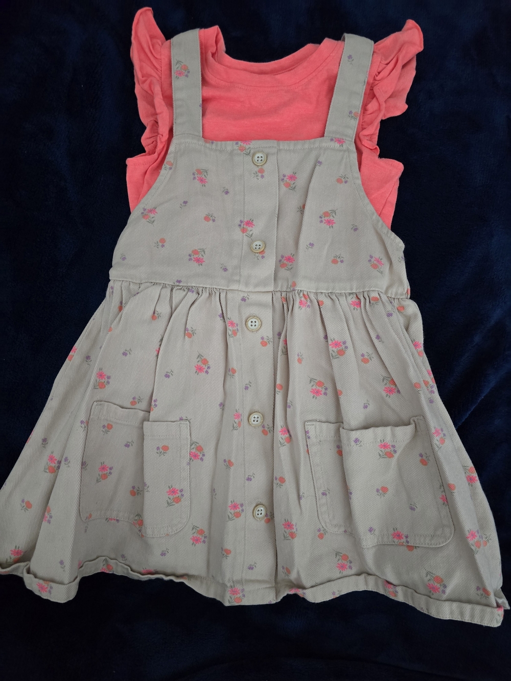 Cat & Jack Beige Floral Print with Coral Pink Ruffle Top